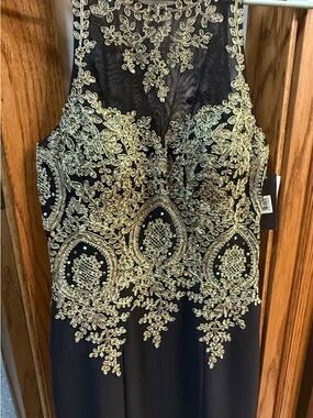 Nordstrom Black Evening Dress with Gold Lace Embroidery